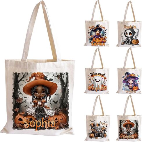 M YESCUSTOM Custom Name Canvas Halloween Tote Bags Personalized Goodie Handbag Basket Pumpkin&Skeleton Trick or Treat Bag in Saudi Arabia