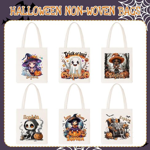 M YESCUSTOM Custom Name Canvas Halloween Tote Bags Personalized Goodie Handbag Basket Pumpkin&Skeleton Trick or Treat Bag in Saudi Arabia