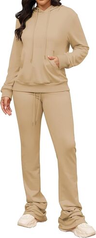 Women's Sweatsuits Sets 2 Piece Outfits Drawstring Hoodies Stacked Jogger Sweatpants Tracksuits Casual Set in Saudi Arabia