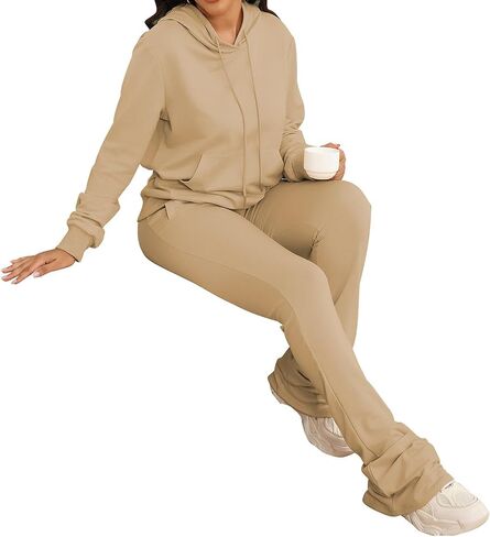 Women's Sweatsuits Sets 2 Piece Outfits Drawstring Hoodies Stacked Jogger Sweatpants Tracksuits Casual Set in Saudi Arabia