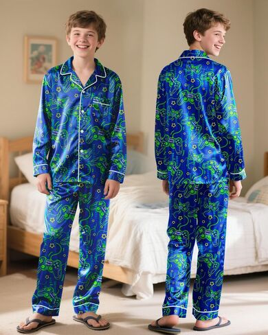 Fiodrimy Boys Pajamas Silky Satin Big Boys PJS Set 2 قطعة من ملابس النوم لأسفل الأطفال Jammies Loungewear Size 8-14 in Kuwait