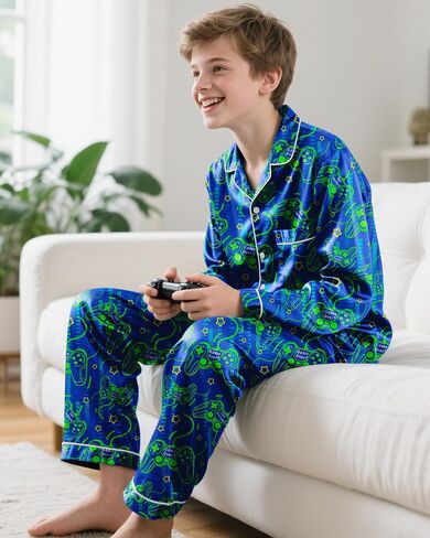 Fiodrimy Boys Pajamas Silky Satin Big Boys PJS Set 2 قطعة من ملابس النوم لأسفل الأطفال Jammies Loungewear Size 8-14 in Kuwait