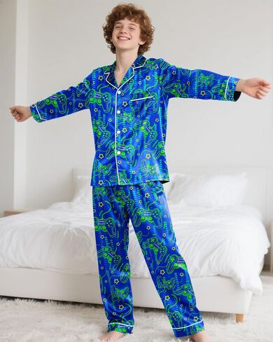 Fiodrimy Boys Pajamas Silky Satin Big Boys PJS Set 2 قطعة من ملابس النوم لأسفل الأطفال Jammies Loungewear Size 8-14 in Kuwait