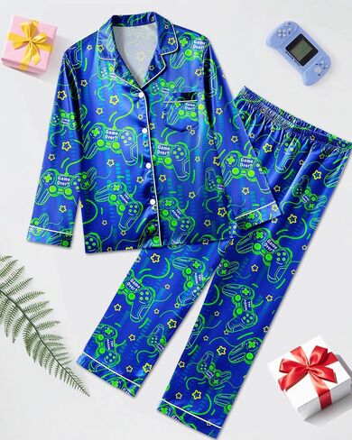 Fiodrimy Boys Pajamas Silky Satin Big Boys PJS Set 2 قطعة من ملابس النوم لأسفل الأطفال Jammies Loungewear Size 8-14 in Kuwait