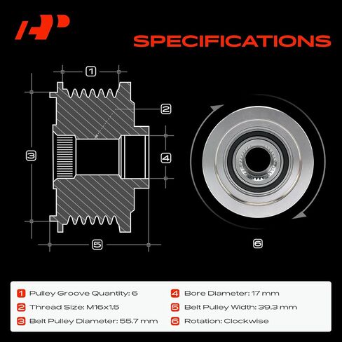 A-Premium Alternator Freewheel Clutch Pulley Compatible with SSANGYONG ACTYON 2005-2018, KORANDO 2010-2018, REXTON 2012-2018, 2.0L, 6 Grooves Clockwise in Saudi Arabia