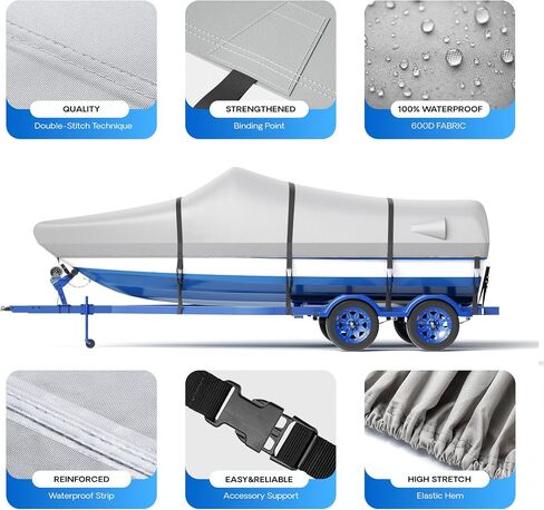 600D Waterproof Boat Cover, 17-19' Marine Grade Heavy Duty Trailerable Anti-UV Polyester Canvas, Fits 17-19ft Bass Boat, V-Hull, Fish & Ski,Grey in Saudi Arabia