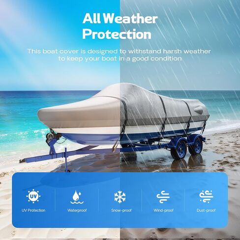 600D Waterproof Boat Cover, 17-19' Marine Grade Heavy Duty Trailerable Anti-UV Polyester Canvas, Fits 17-19ft Bass Boat, V-Hull, Fish & Ski,Grey in Saudi Arabia