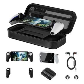 Hosanwell 9-in-1 Accessories Set Compatible with Playstation Portal, EVA Carrying Case for PS Portal*1, Soft Silicone Grip Cover*2, Screen Protector*2, Joystick Caps*2, Ear Wired Headphone*1,Stand*1