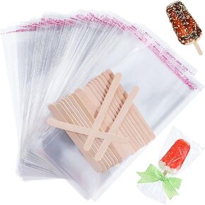 300 Pieces Ice Lolly Sticks and Bags Set, 200 Pieces Clear Ice Lolly Plastic Bags Ice Lolly Self-adhesive Plastic Bags and 100 Pieces Ice Lolly Sticks, 4.49 Inch, 8.27 x 3.15 Inch