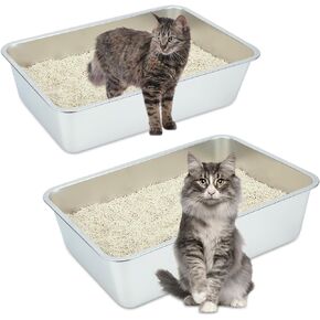 YUEPET 2 Packs Stainless Steel Cat Litter Box, Non Stick Metal Cat Litter Pan, Rustproof Cat Litter Tray Easy to Clean Suitable for Cats Kitty 17.7"x13.7"x3.9"