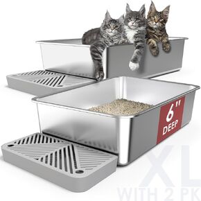 2 Pack 6" Deep & Extra Large Stainless Steel Cat Litter Boxes with 36L Big Capacity, High Sides Metal Cat Litter Box for Multi-Cats Big Cats XL Metal Litter Pan Tray, Non-Sticky, Easy Cleaning