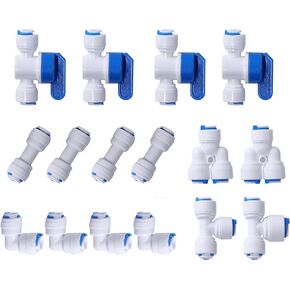 1/4" OD Quick Connect Push in to Connect Water Tube Fitting for RO Reverse Osmosis Water Filter(Ball Valve + T + I + L + Y, 16 Pack),White