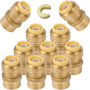 10-Pack Pushfit Female Adapter, 1/2" FNPT x 1/2" Push to Connect Plumbing Fittings with Disconnect Clip, Brass Push-fit Fittings for PEX, Copper, CPVC, PE-RT Pipes