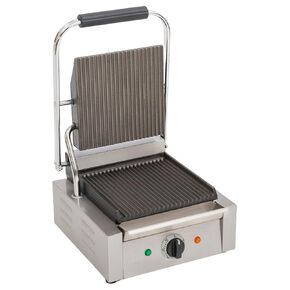 SG-811 Single Electric Sandwich Panini Grill with Cast Iron Grooved Plates, Oil Tray, 120v