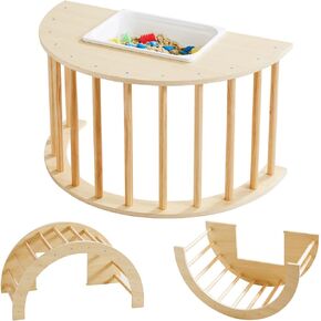 Beright 3 in1 Climbing Arch Sensory Table for Kids, Montessori Climbing Gym, Rocker Board Wooden Toy with Collapsible Storage Bin, Learning Playset