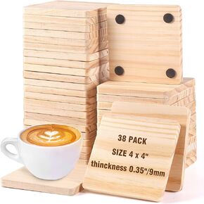 38 Pack Unfinished Wood Coasters, 4 Inch Square Blank Wooden Coasters Crafts Coasters with Non-Slip Silicon Dots for DIY Architectural Models Drawing Painting Wood Engraving