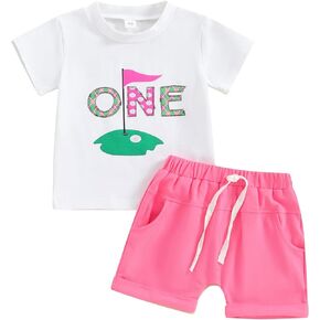 Baby Boy Girl First Birthday Golf Outfit Short Sleeve Hole In One Golf T-Shirt Top Shorts Set 2Pcs Summer Clothes