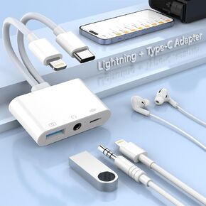 Multi Lightning + USB C to USB Adapter,3 in 1 USB OTG Adapter+3.5mm Audio Headphone Jack Adapter+Fast Charging Port, Phone Splitter Compatible with iPhone 14/13/12,Most Type-C Phones,iPad Pro,Laptops
