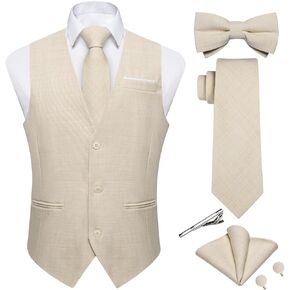 DiBanGu Mens Linen Suit Vest Casual Waistcoat and Necktie & Pre-tied Bowtie Set 6PCS Solid Color Dress Vest for Wedding Party