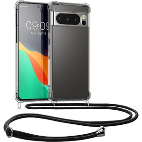 kwmobile Crossbody Case Compatible with Google Pixel 8 Pro Case - Clear TPU Phone Cover w/Lanyard Cord Strap - Black/Transparent