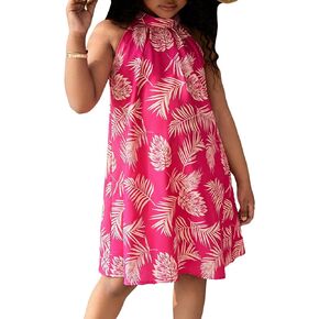 OYOANGLE Girl's Tropical Print Tie Back Halter Neck Pleated Sleeveless Summer Beach Flared Short Dresses