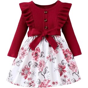 Floerns Toddler Girl's Floral Print Belted Front Flounce Long Sleeve A Line Dress