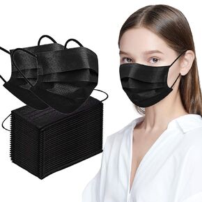 Masks Disposable 100Pcs,with Elastic Loop, Breathable Comfort, 3-Ply Masks, Waterproof, Adjustable Clip, Skin-Friendly Fabric (Black)