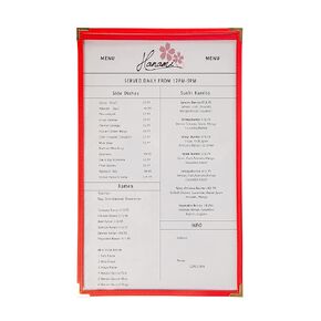 Menu Covers, Single Page, 1 Pocket, 2 View, for 8.5" x 14" Legal Size Paper, Pack of 6, Green Edging + Gold Metal Corner, Made with Leatherette & Vinyl