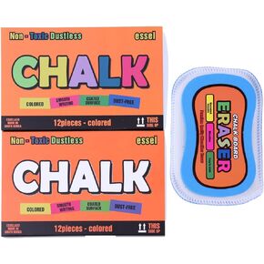 Non-Toxic / 12 Colored Dustless Chalk / 12 White Dustless Chalk/Microfiber Chalkboard Eraser (Washable & Reusable)