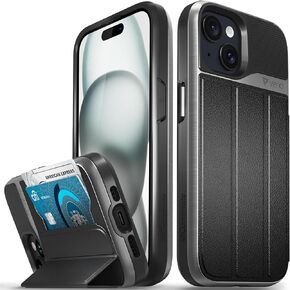 VENA vCommute Wallet Case for Apple iPhone 15 (6.1"), (Military Grade Drop Protection) Flip Leather Cover Card Slot Holder with Kickstand - Rose Gold/Red