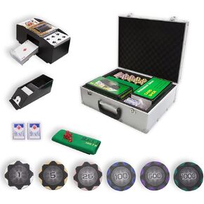 مجموعة شرائح بوكر كازينو THUNDERBAY 14 جرامًا و300 قطعة من Texas Hold 'em مع حقيبة حمل من الألومنيوم، 3 مجموعات من البطاقات، 5 نردات و3 أزرار للموزع، لباد البوكر، أداة خلط البطاقات، حذاء بطاقة للعب البلاك جاك