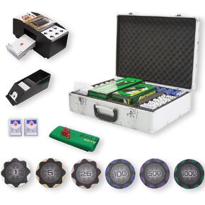 مجموعة شرائح بوكر كازينو THUNDERBAY 14 جرامًا و300 قطعة من Texas Hold 'em مع حقيبة حمل من الألومنيوم، 3 مجموعات من البطاقات، 5 نردات و3 أزرار للموزع، لباد البوكر، أداة خلط البطاقات، حذاء بطاقة للعب البلاك جاك in Kuwait
