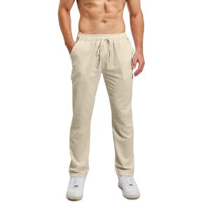 Men's Cotton Linen Pants Summer Beach Yoga Pants with Drawstring, Casual Loose Lightweight Trousers.