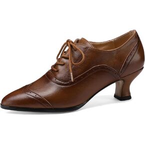 Women's Vintage Leather Wingtip Oxfords Lace Up Round Toe Kitten Heel Shoes