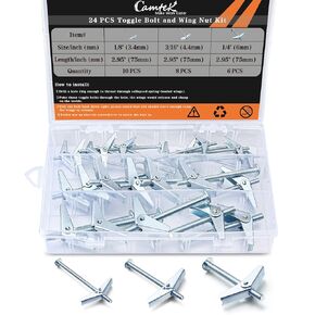 48PCS Toggle Bolt and Wing Nut Set, Camtek Toggle Bolt Zinc Plated Steel Phillips Round Head Toggle Bolt and Wing Nut Assortment Kit for Hanging Heavy Items on Drywall -3 Sizes(1/8'', 3/16'', 1/4'')