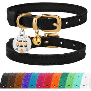 BRONZEDOG Leather Cat Collar with Bells Non Breakaway Kitten QR Tag for Girl Boy (7" - 9" for Cats, Black & Gold)