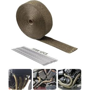 Titanium 2" x 50' Exhaust Heat Wrap Roll Heat shield for Auto Motorcycle Fiberglass Heat Shield Tape with 10 Piece 11.8" Stainless Steel（304） Locking Tape
