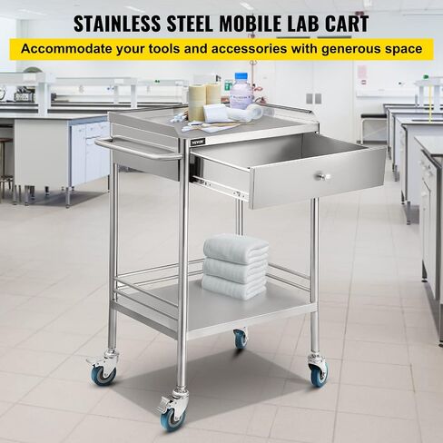 VEVOR Lab Serving Cart Utility Cart Stainless Steel Medical Cart with Two Drawers for lab Equipment Use Grade I Stainless Steel Utility Services (2 Shelves/ 2 Drawer) in Saudi Arabia
