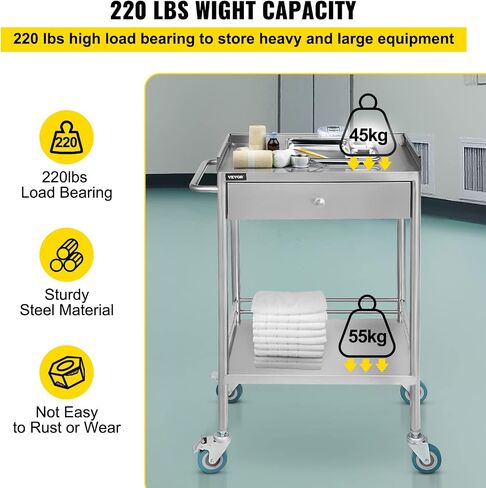 VEVOR Lab Serving Cart Utility Cart Stainless Steel Medical Cart with Two Drawers for lab Equipment Use Grade I Stainless Steel Utility Services (2 Shelves/ 2 Drawer) in Saudi Arabia