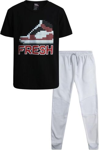 Boys' Pants Set - 2 Piece Short Sleeve T-Shirt and Fleece Jogger Sweatpants with Pockets (8-18) in Saudi Arabia