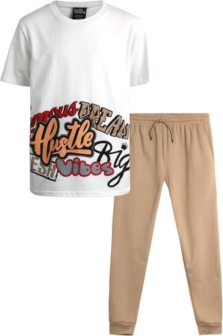 Boys' Pants Set - 2 Piece Short Sleeve T-Shirt and Fleece Jogger Sweatpants with Pockets (8-18) in Saudi Arabia