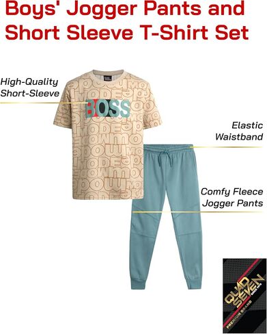 Boys' Pants Set - 2 Piece Short Sleeve T-Shirt and Fleece Jogger Sweatpants with Pockets (8-18) in Saudi Arabia