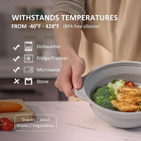 مجموعة أوعية قابلة للطي بسعة 64 أونصة، وعاء سلطة قابل للطي، وعاء قابل للطي مع غطاء من السيليكون، وعاء قابل للطي للتخييم (رمادي) in Kuwait