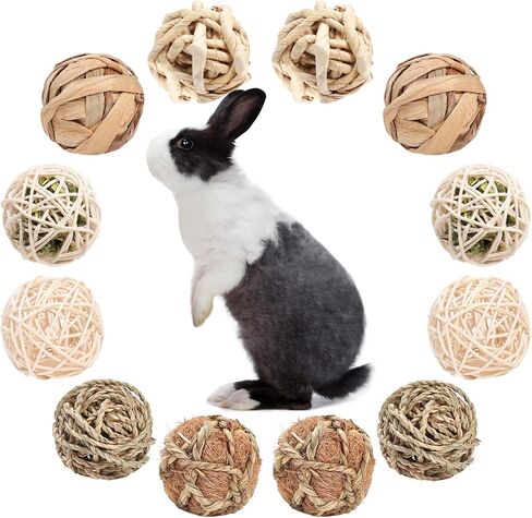 12 PCS Small Animals Activity Toys, Bunny Play Balls Rolling Chew Toys & Gnawing Treats for Rabbits Guinea Pigs Chinchilla Bunny Degus - Pet Cage Entertainment Accessories in Kuwait
