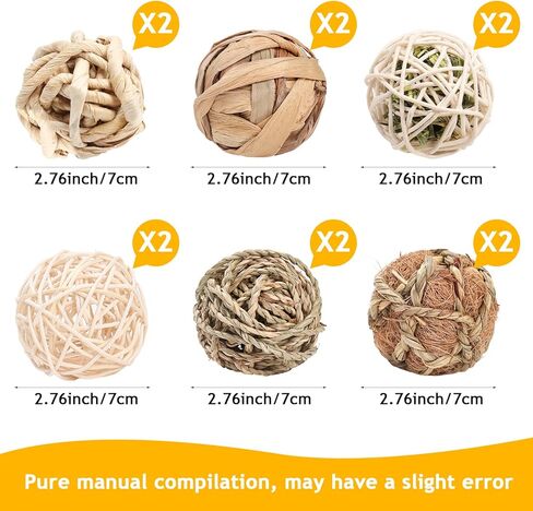 12 PCS Small Animals Activity Toys, Bunny Play Balls Rolling Chew Toys & Gnawing Treats for Rabbits Guinea Pigs Chinchilla Bunny Degus - Pet Cage Entertainment Accessories in Kuwait