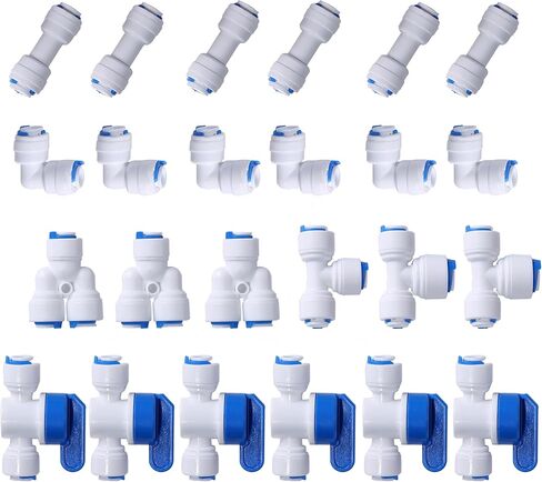 1/4" OD Quick Connect Push in to Connect Water Tube Fitting for RO Reverse Osmosis Water Filter(Ball Valve + T + I + L + Y, 16 Pack),White in Saudi Arabia