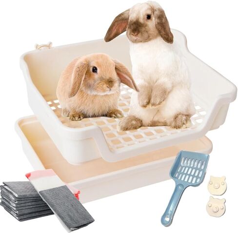 Bumbox Large Rabbit Litter Box w/Plastic Grid & Dump Tray-Bunny Poop Tray Safe for Bunny Feet Pet Bunny Supplies- Rabbit Cage Accessories for Training Corner Bunny Litter Pan (Cream) in Saudi Arabia