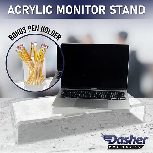 حامل كمبيوتر محمول من الأكريليك من Dasher Products مع حامل أقلام مطابق، تصميم معاصر، موضع عرض مريح، شاشة مرتفعة 3 بوصات، أكريليك شفاف بسمك 12 مم، لا مزيد من الفوضى in Kuwait