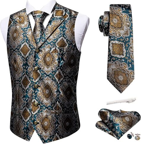 Barry.Wang Mens Paisley Formal Silk Jacquard Suit Vest Tailored Collar Waistcoat Tie Clip Set 5PCS Wedding Party Tuxedo in Saudi Arabia