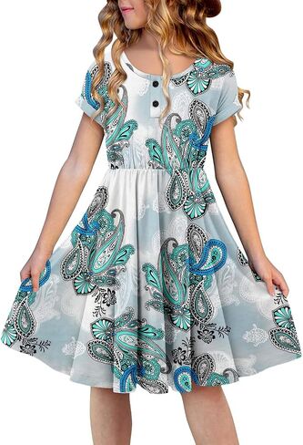 Girls Short Sleeve Dress Casual A Line Button Twirly Skater Dresses 5-14 Years in Saudi Arabia